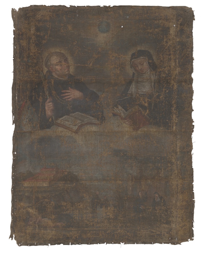 Nežinomas Abiejų Tautos Respublikos dailininkas. „Šv. Benediktas ir šv. Skolastika su scenomis iš šv. Benedikto gyvenimo“. Lietuva, XVII a. II p.– XVIII a. pr. Drobė, aliejus; 90 x 69 cm. Seserų benediktinių abatija Žarnoviece, 932/Obraz13/2020. Fot. Zofia Grunt, Joanna Szmit 